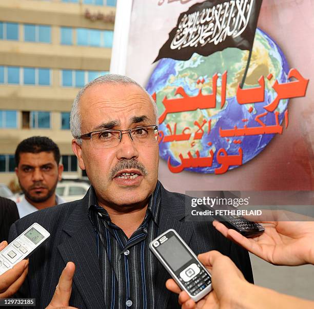 The spokesman of the new Tunisian Islamist Salafist Ettahrir Party , Ridha Belhaj , gives a press conference on October 20, 2011 in Tunis. More than...