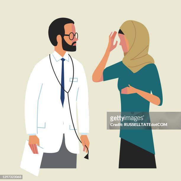 ilustrações, clipart, desenhos animados e ícones de mulheres que sofrem sofrimento físico ou mental falando com médico com barba - vestimenta religiosa
