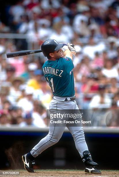 Edgar Martinez of the Seattle Mariners bats against the New York Yankees during an Major League Baseball game circa 1994 at Yankee Stadium in the...