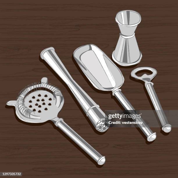5pc sketch style stainless steel bar tool - bartender tools stock illustrations