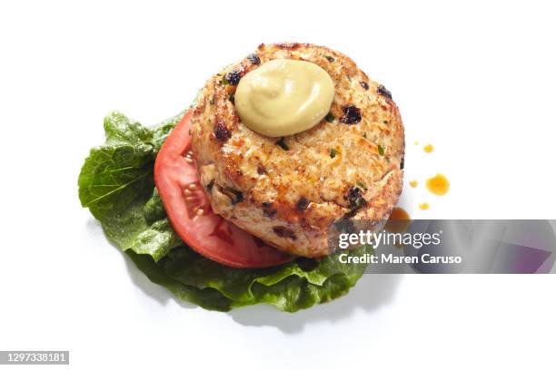 open faced turkey burger with mustard - 開放式三文治 個照片及圖片檔