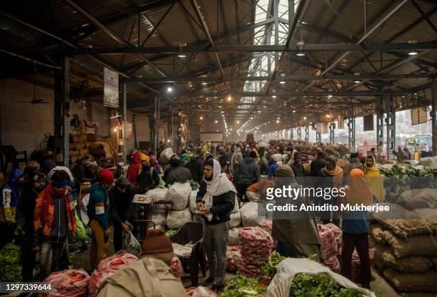 Farmers, commission agents and wholesale buyers mingle as they trade agricultural produce from Bulandshahr at the Azadpur Mandi on January 17, 2021...