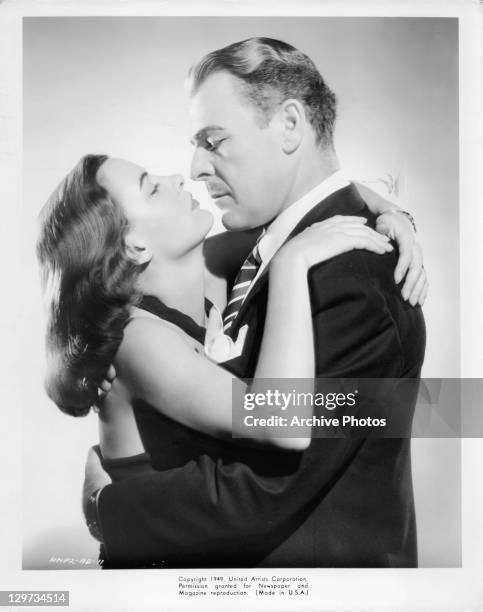 Ella Raines and Brian Donlevy hold each other in a scene from the film 'Impact', 1949.