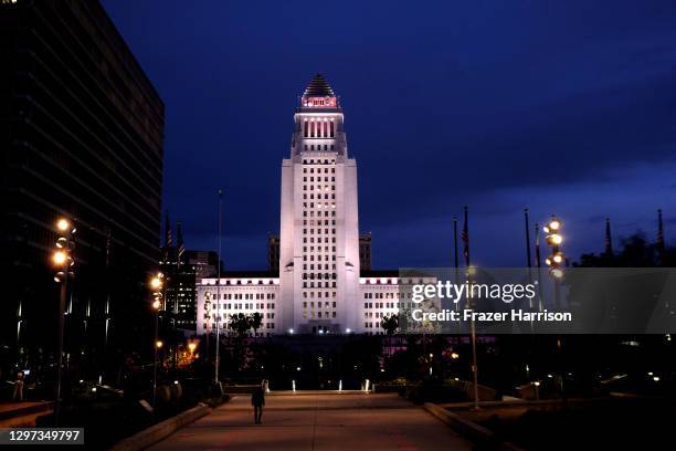 Los Angeles City Hall illuminates amber red to support the Biden Inaugural Committee's COVID-19 Memorial: A National Moment of Unity and Remembrance...