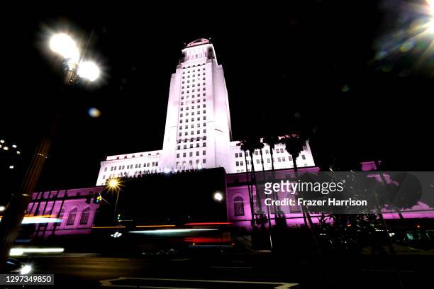 Los Angeles City Hall illuminates amber red to support the Biden Inaugural Committee's COVID-19 Memorial: A National Moment of Unity and Remembrance...