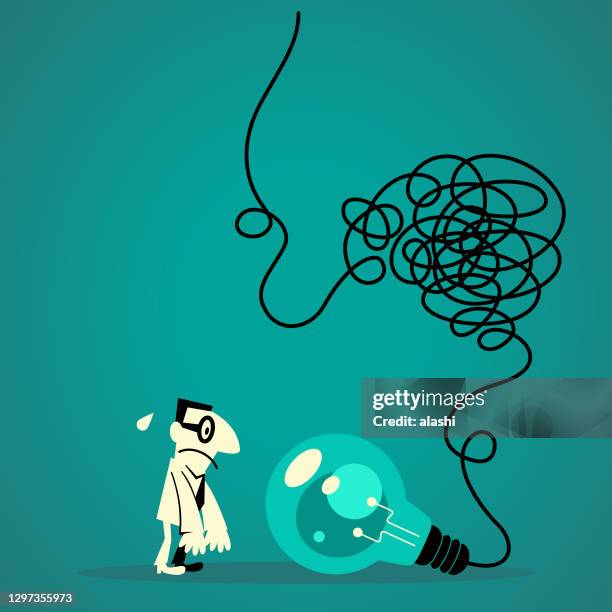 businessman looking at a big idea light bulb with tangled messy electrical line - tangled stock illustrations