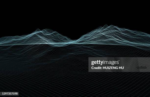 abstract digital mountain range landscape. wireframe landscape background. 3d futuristic - 3d wireframe stock pictures, royalty-free photos & images