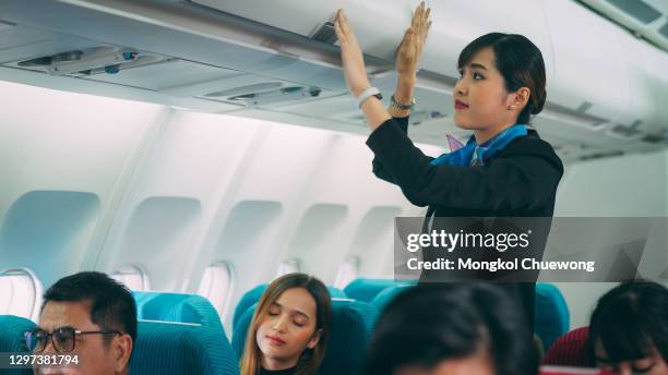 beautiful air stewardess closing the overhead compartment on an airplane - flight attendants stock-fotos und bilder