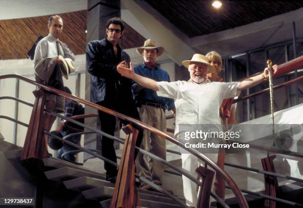 From left to right, actors Martin Ferrero as Gennaro, Jeff Goldblum as Dr. Ian Malcolm, Sam Neill as Dr. Alan Grant, Richard Attenborough as John...