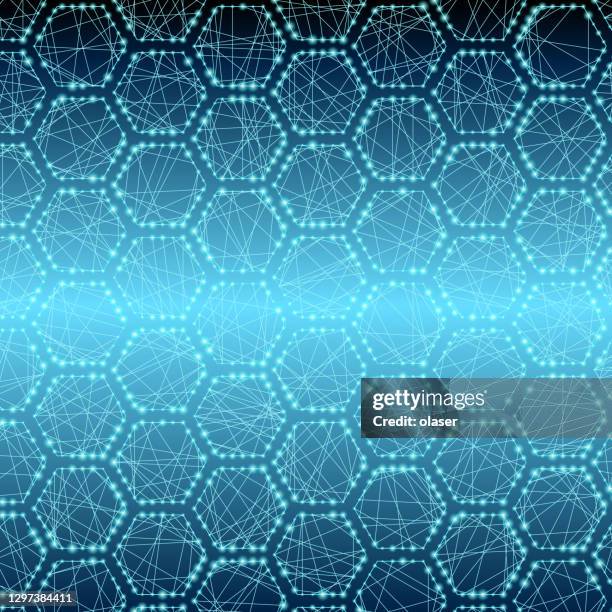 electronic glow, turquoise hexagons with inner crossing lines and glowing lights - quantum computer abstract stock illustrations