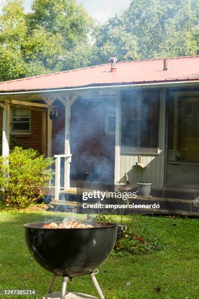 raw whole chicken grilling on the barbecue bbq on a backyard patio. - bbq chicken wings stock pictures, royalty-free photos & images