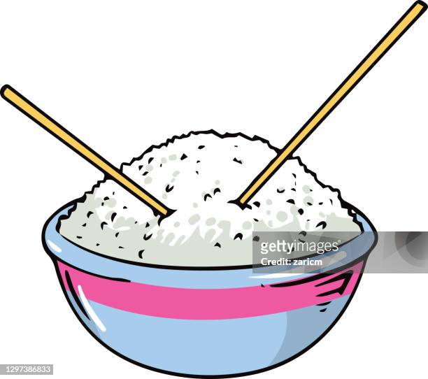 ilustraciones, imágenes clip art, dibujos animados e iconos de stock de arroz en un tazón con palillos aislados sobre fondo blanco. ilustración vectorial - arroz