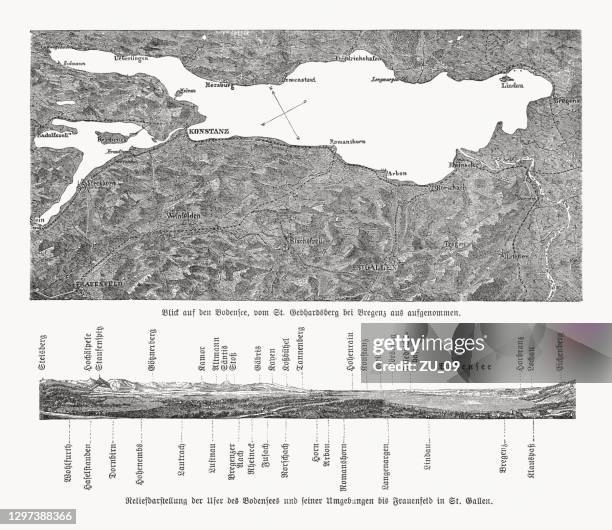 topographic map and geological relief of lake constance, woodcuts, 1893 - lindau stock illustrations