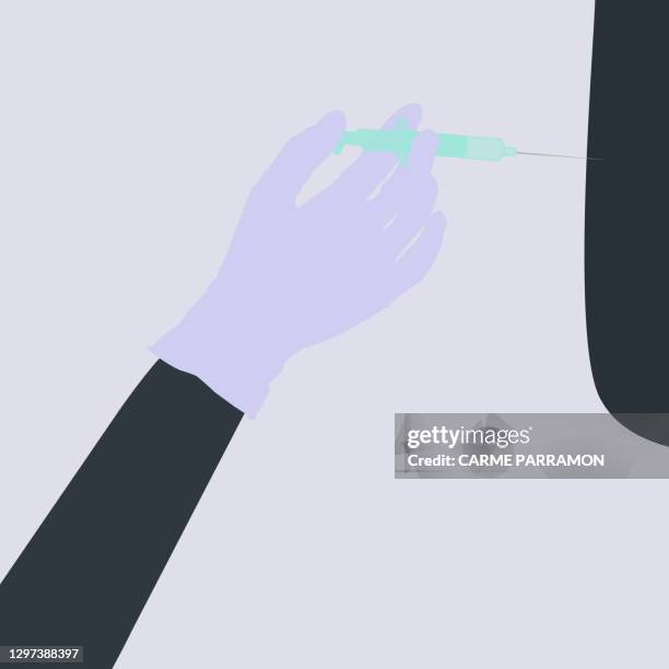a gloved hand putting on a vaccine. vaccine for all - gloved hand stock illustrations