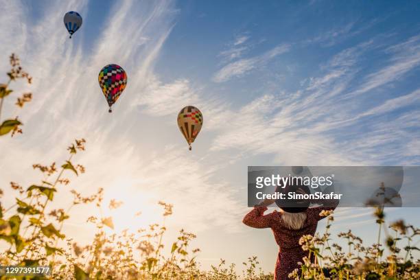 beautiful woman watching colorful hot air balloons - festival de balonismo imagens e fotografias de stock