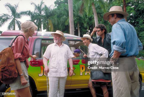 From left to right, actors Laura Dern as Dr. Ellie Sattler, Richard Attenborough as John Hammond, Martin Ferrero as Gennaro, Jeff Goldblum as Dr. Ian...