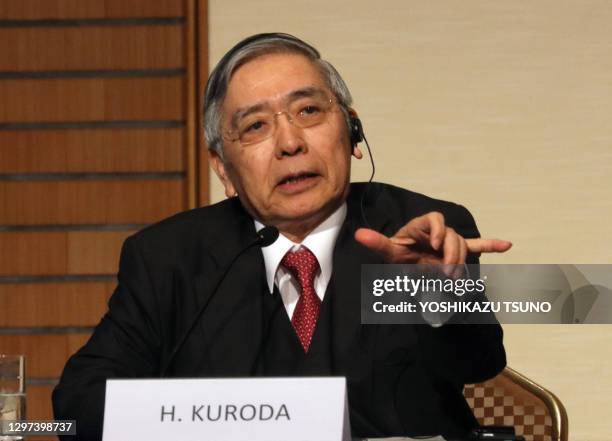 Le gouverneur de la Banque du Japon Haruhiko Kuroda lors d'une conférence de presse du 23e Forum international Paris Europlace le 28 novembre 2019 à...