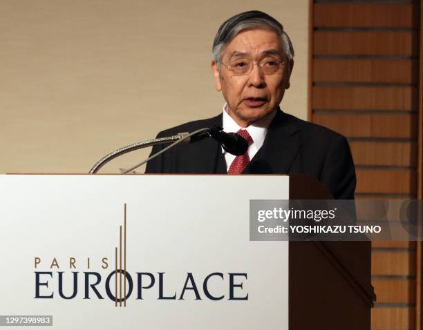 Le gouverneur de la Banque du Japon Haruhiko Kuroda lors d'une conférence de presse du 23e Forum international Paris Europlace le 28 novembre 2019 à...