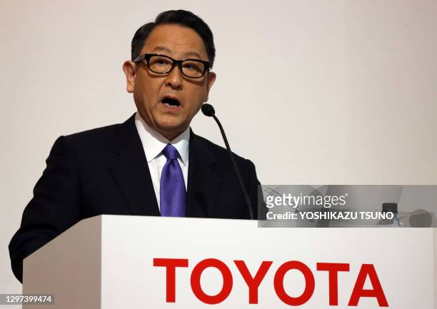 Le président du géant automobile japonais Toyota Motor, Akio Toyoda lors d'une conférence de presse à Tokyo le 24 mars 2020, Japon.