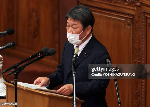 Toshimitsu Motegi, Ministre japonais des Affaires étrangères, lors d'une séance de la Diète le 18 janvier 2021, Tokyo, Japon.