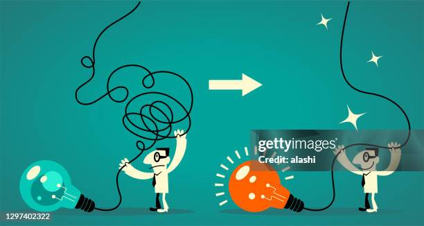 businessman (office worker) decluttering his mind (light bulb with tangled messy electrical line) and regaining (restoring) his focus (clear thinking) - caos stock illustrations