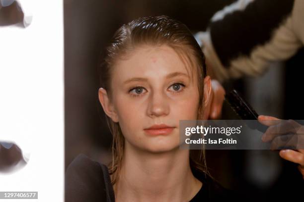 In this image released on January 19, model Trixie Giese is seen backstage ahead of the Lana Mueller show during the Mercedes-Benz Fashion Week...