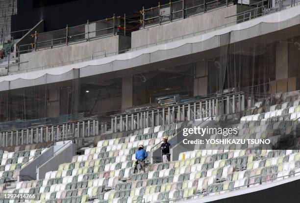 Stade où se dérouleront les cérémonies d'ouverture et de clôture des jeux olympiques de Tokyo 2020 en cours de travaux de finitions, le 3 juillet...