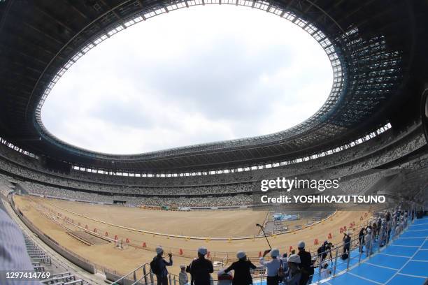 Stade où se dérouleront les cérémonies d'ouverture et de clôture des jeux olympiques de Tokyo 2020 en cours de travaux de finitions, le 3 juillet...