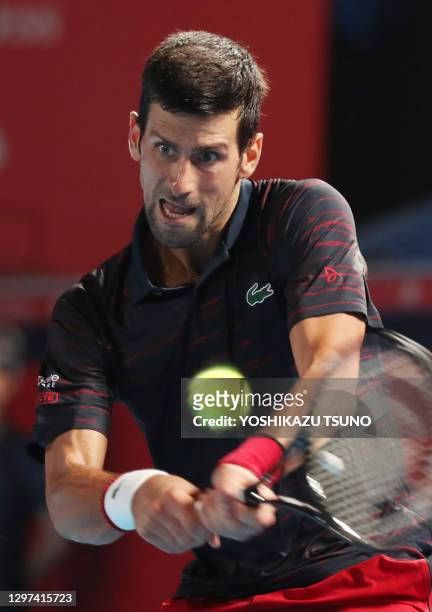 Le joueur de tennis serbe Novak Djokovic, numéro 1 mondial au classement ATP, lors sa victoire au match du 2e tour du tournoi "Rakuten Japan Open...