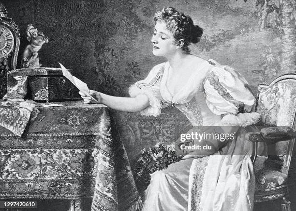 young female beauty reading the love letter at the table - vintage dress stock illustrations