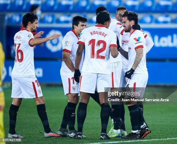 Jesus Joaquin Fernandez 'Suso' of Sevilla FC celebrates after scoring his team's second goal during the La Liga Santander match between Deportivo...