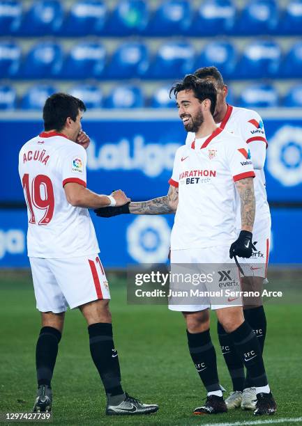 Jesus Joaquin Fernandez 'Suso' of Sevilla FC celebrates after scoring his team's second goal during the La Liga Santander match between Deportivo...