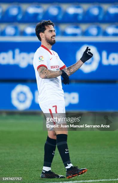 Jesus Joaquin Fernandez 'Suso' of Sevilla FC celebrates after scoring his team's second goal during the La Liga Santander match between Deportivo...