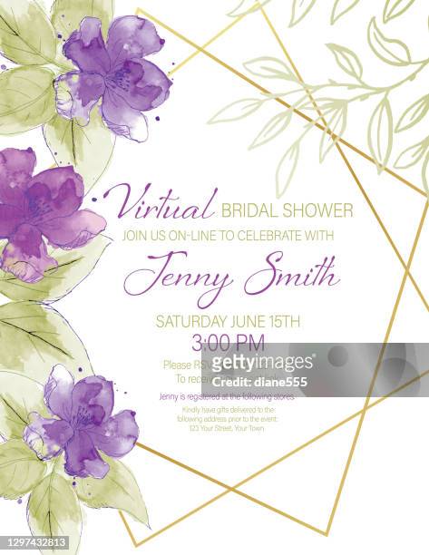 pretty watercolor flowers virtual bridal shower party invitation - violet flower stock illustrations