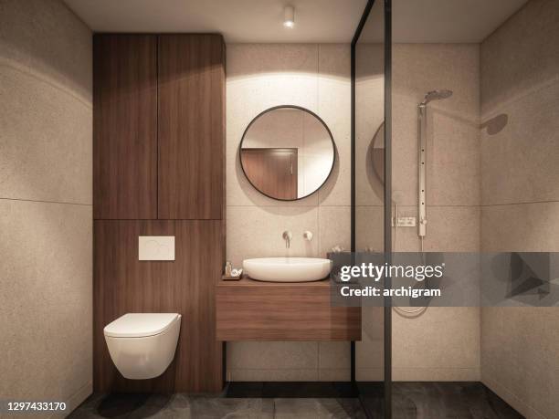 innenarchitektur. architektur. computergeneriertes bild des badezimmers. architektonische visualisierung. 3d-rendering. - badezimmer stock-fotos und bilder