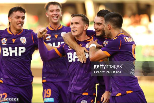 Neil Kilkenny of the Glory celebrates a goal during the A-League match between the Perth Glory and Adelaide United at HBF Park, on January 20 in...