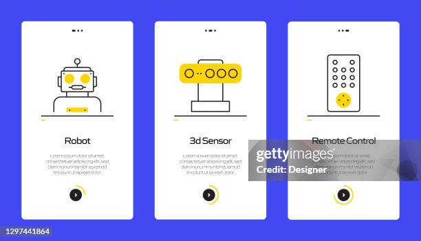 robotics engineering concept onboarding mobile app page screen with flat icons. ux, ui design template vector illustration - engineer tablet stock illustrations