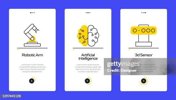 robotics engineering concept onboarding mobile app page screen with flat icons. ux, ui design template vector illustration - engineer tablet stock illustrations