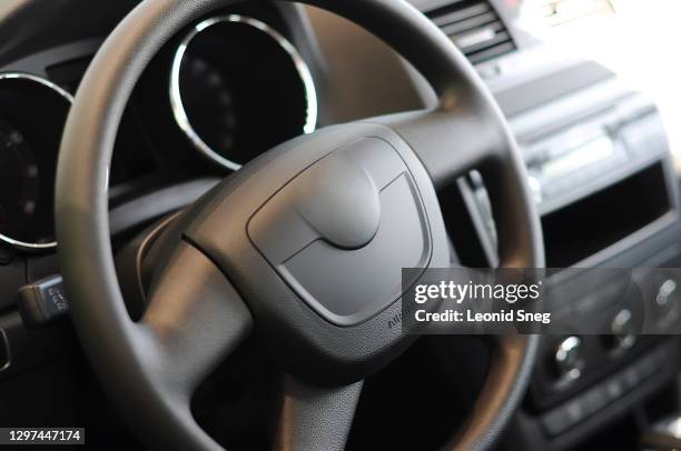 interior view of car with black salon side view, steering wheel close up - car decoration stock pictures, royalty-free photos & images