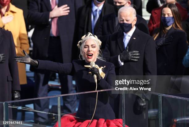 Lady Gaga sings the National Anthem at the inauguration of U.S. President-elect Joe Biden on the West Front of the U.S. Capitol on January 20, 2021...