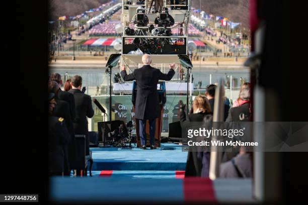 President Joe Biden delivers his inauguration address on the West Front of the U.S. Capitol on January 20, 2021 in Washington, DC. During today's...