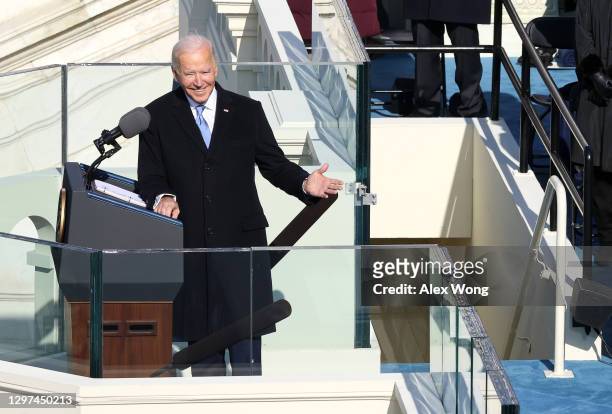 President Joe Biden reacts as he delivers his inaugural address on the West Front of the U.S. Capitol on January 20, 2021 in Washington, DC. During...