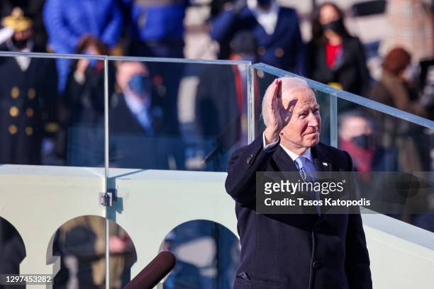 President Joe Biden reacts as he prepares to deliver his inaugural address on the West Front of the U.S. Capitol on January 20, 2021 in Washington,...