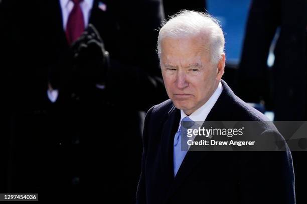 President Joe Biden pauses after delivering his inaugural address on the West Front of the U.S. Capitol on January 20, 2021 in Washington, DC. During...