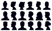 Head silhouettes. Female and male faces portraits, anonymous person head silhouette vector illustration set. People profile and full face portraits