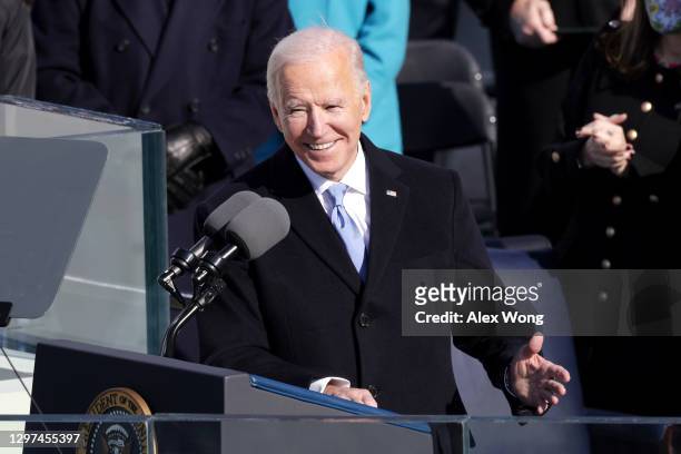 President Joe Biden reacts as he delivers his inaugural address on the West Front of the U.S. Capitol on January 20, 2021 in Washington, DC. During...