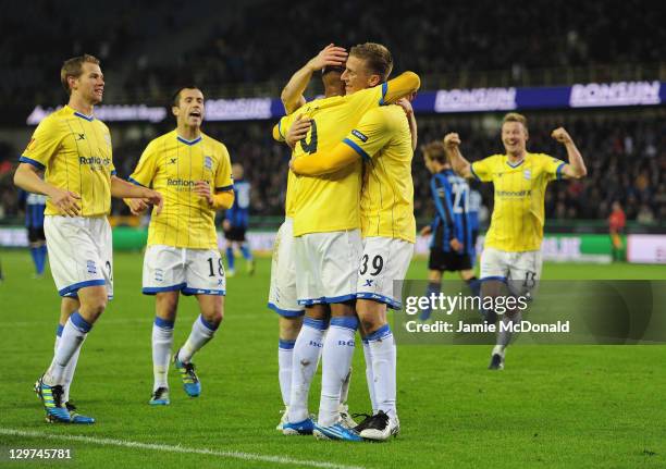 Chris Wood of Birmingham City celebrates his goal with Marlon King during the UEFA Europa League match between Club Brugge KV and Birmingham City at...