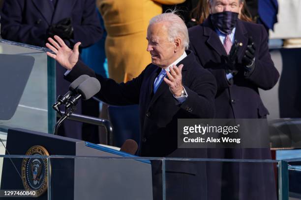 President Joe Biden delivers his inaugural address on the West Front of the U.S. Capitol on January 20, 2021 in Washington, DC. During today's...
