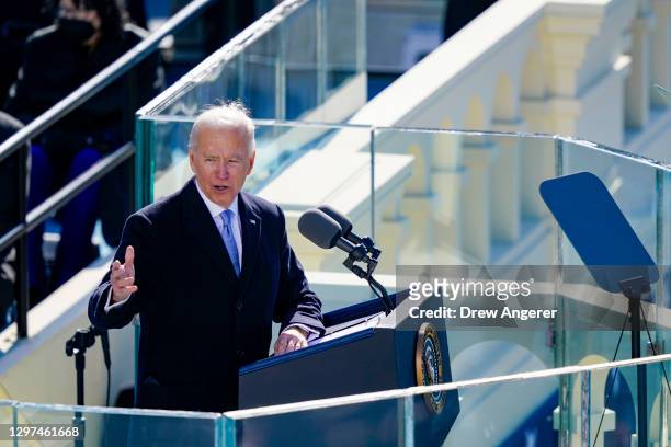 President Joe Biden delivers his inaugural address on the West Front of the U.S. Capitol on January 20, 2021 in Washington, DC. During today's...