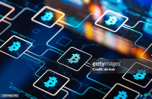 bitcoin network concept on digital screen - blockchain crypto stock pictures, royalty-free photos & images